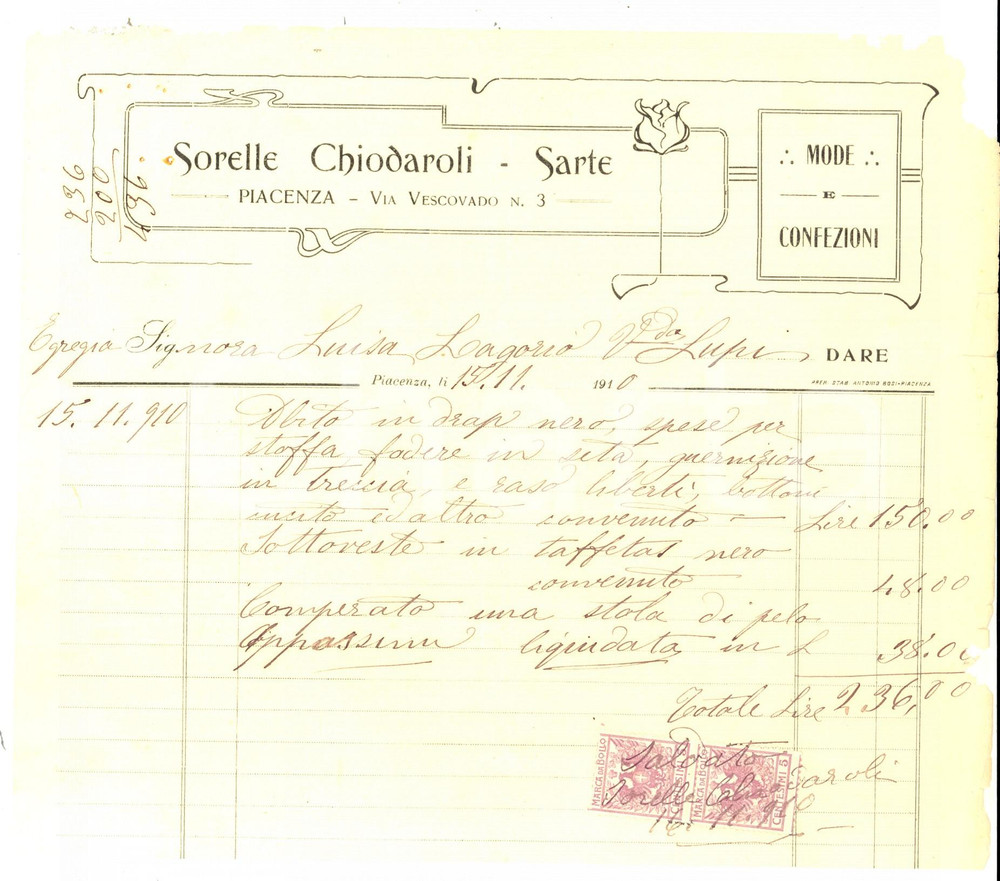 Documento originale, autentico 1910 PIACENZA Sorelle CHIODAROLI sarte  Fattura sottoveste DANNEGGIATA bolli 1