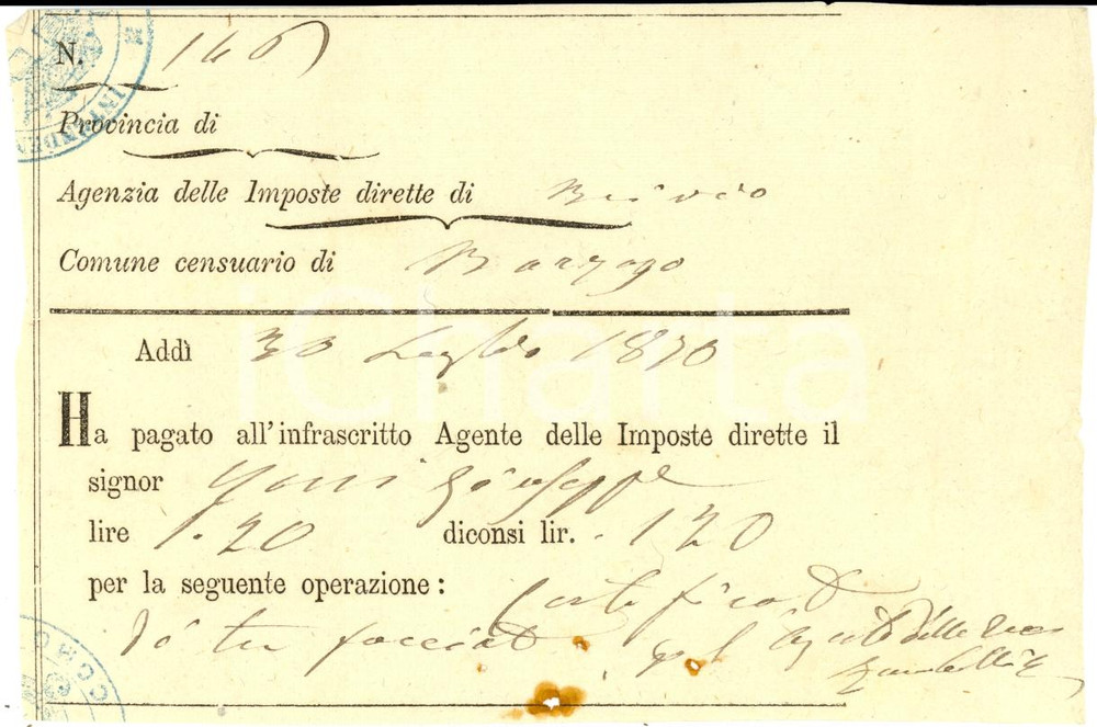 Documento originale, autentico 1870 BARZAGO LC Censi del proprietario Giuseppe FANI Documento 1