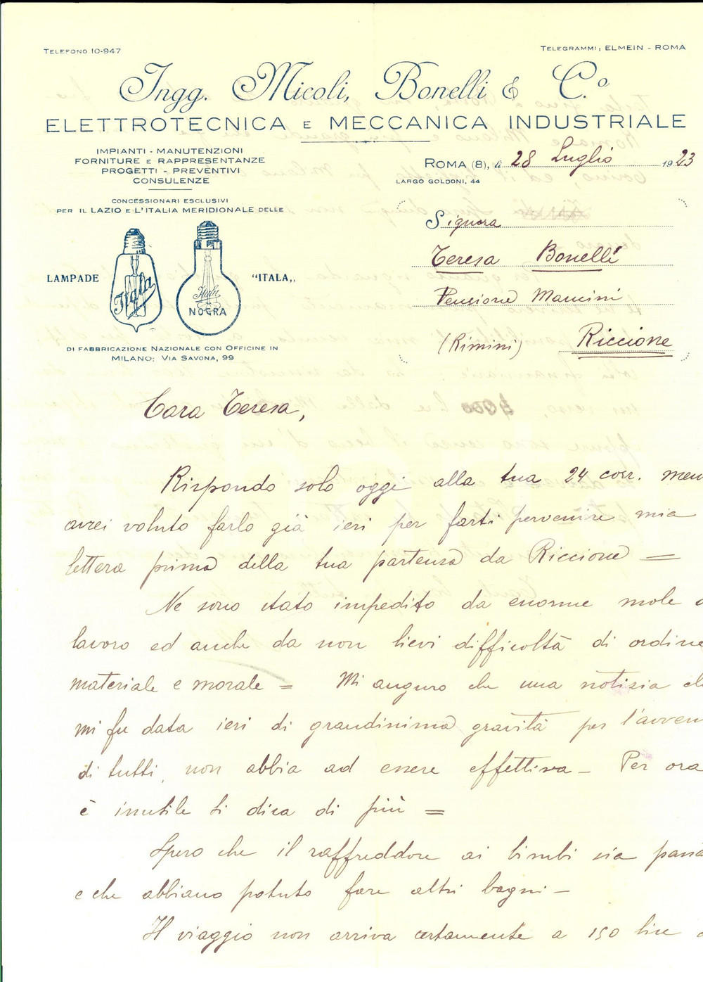 Documento originale, autentico 1923 ROMA Non so davvero a che santo votarmi Lettera ing. Benedetto BONELLI 1