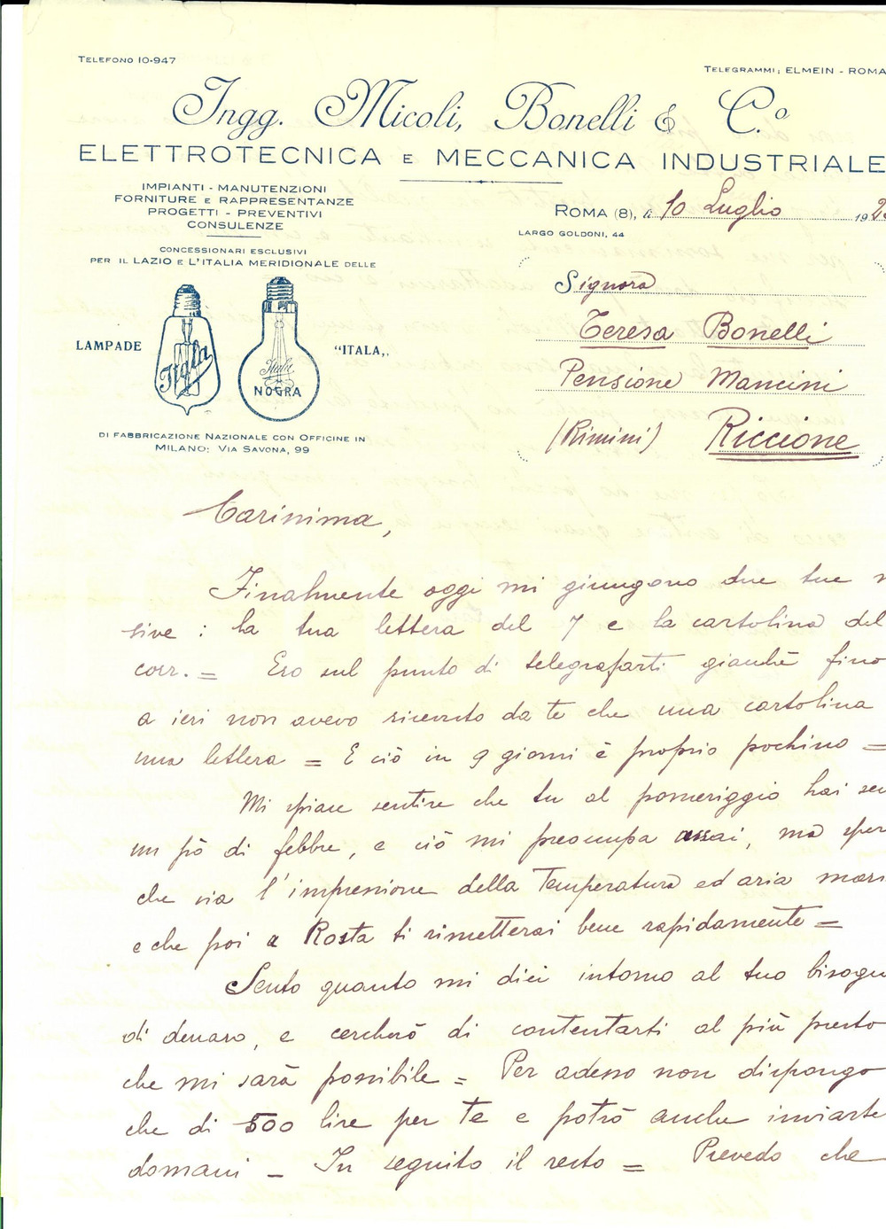 Documento originale, autentico 1923 ROMA Ing. Benedetto BONELLI sfoga l'odio contro il socio MICOLI *Lettera 1
