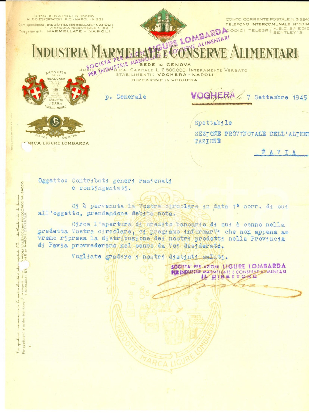 Documento originale, autentico 1945 WW2 VOGHERA (PV) Industria Marmellate e Conserve Alimentari blocco attività 1