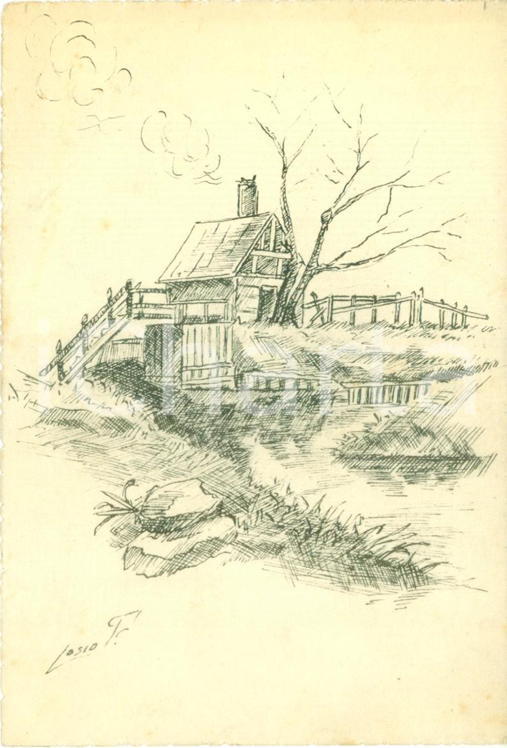 Cartolina originale da collezione 1935 ca Capanna sul fiume d'inverno Illustrata LOSIO *Cartolina FG NV 1