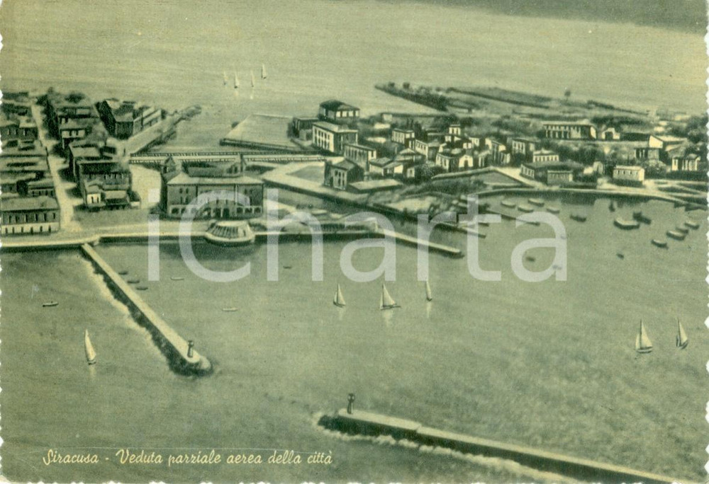 Cartolina originale da collezione 1953 SIRACUSA Veduta parziale aerea della cittÃ  Cartolina FG VG 1