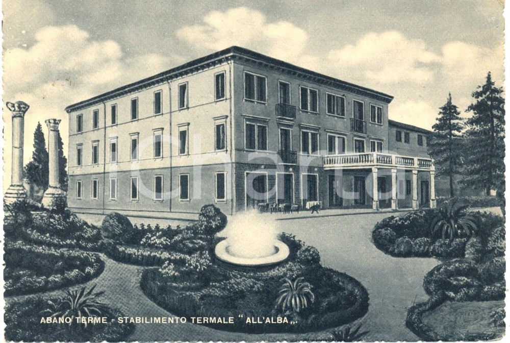 Cartolina originale da collezione 1940 ca ABANO TERME Lo stabilimento termale ALL'ALBA *Cartolina FG VG 1