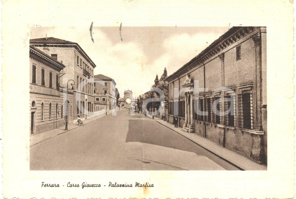 Cartolina originale da collezione 1953 FERRARA La Palazzina MARFISA in corso GIOVECCA ANIMATA FG VG DANNEGGIATA 1
