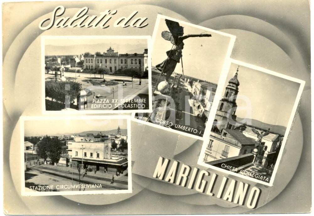 Cartolina originale da collezione 1958 MARIGLIANO Vedutine COLLEGIATA corso UMBERTO I Piazza XX SETTEMBRE FG VG 1