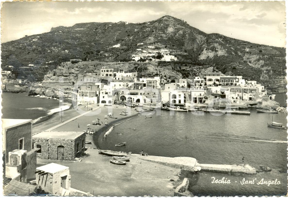Cartolina originale da collezione 1959 ISCHIA (NA) Veduta aerea di SANT'ANGELO *Cartolina ANIMATA FG VG 1