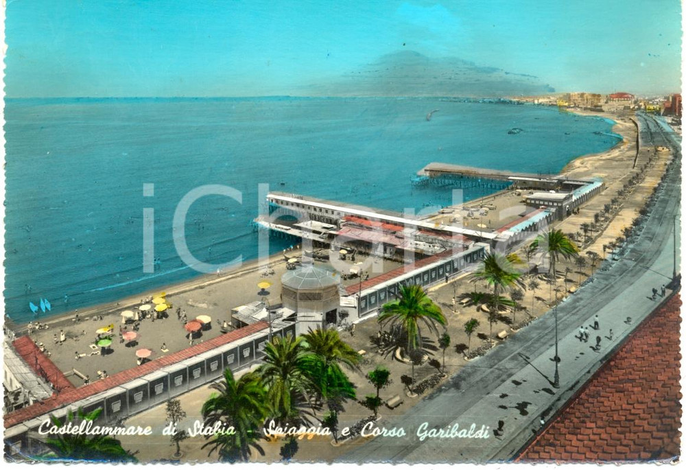 Cartolina originale da collezione 1963 CASTELLAMMARE DI STABIA Panorama spiaggia Corso GARIBALDI ANIMATA VINTAGE 1