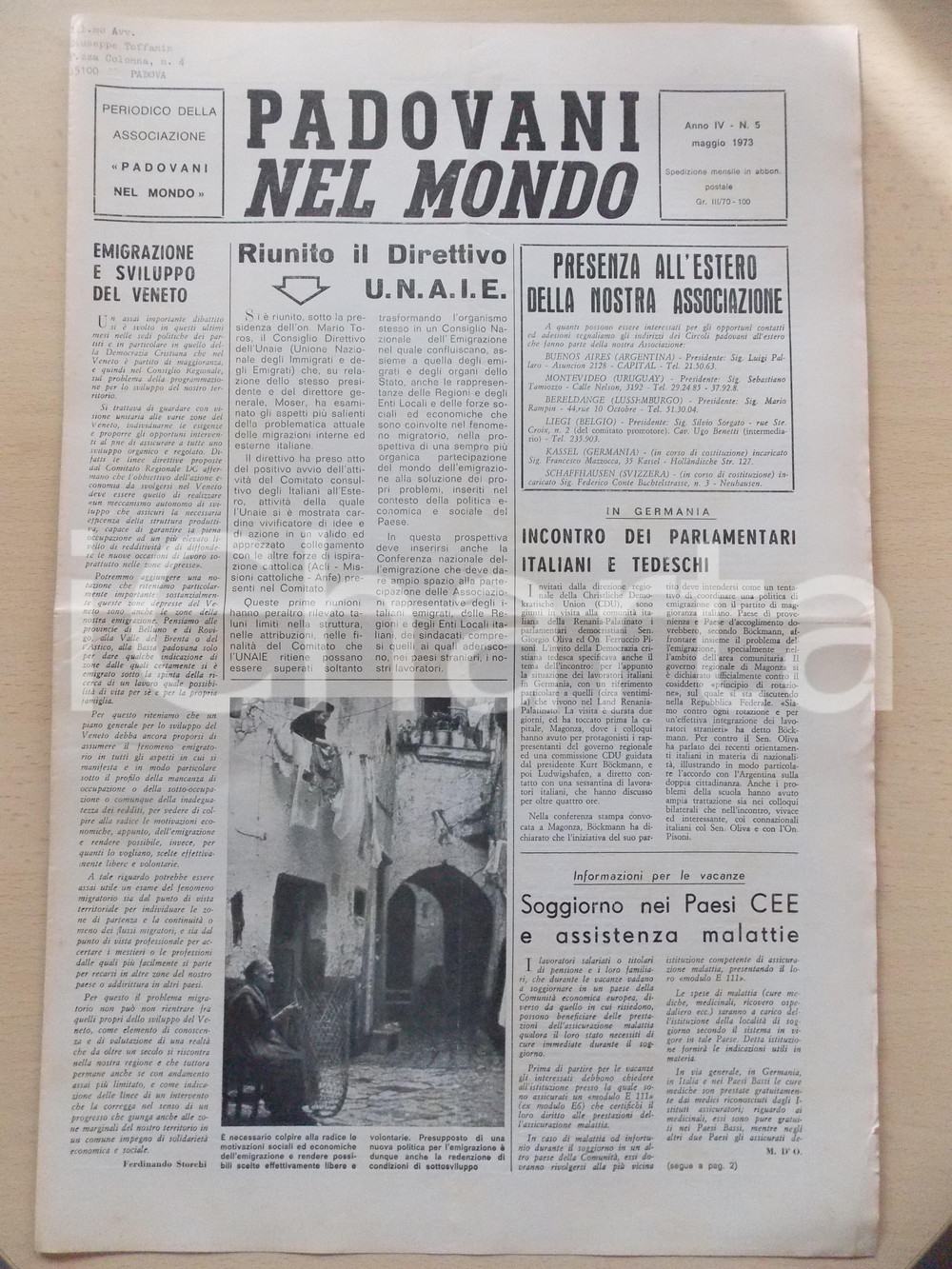 Giornale, rivista storica 1973 PADOVANI NEL MONDO Riunito il direttivo UNAIE Periodico n.5 1