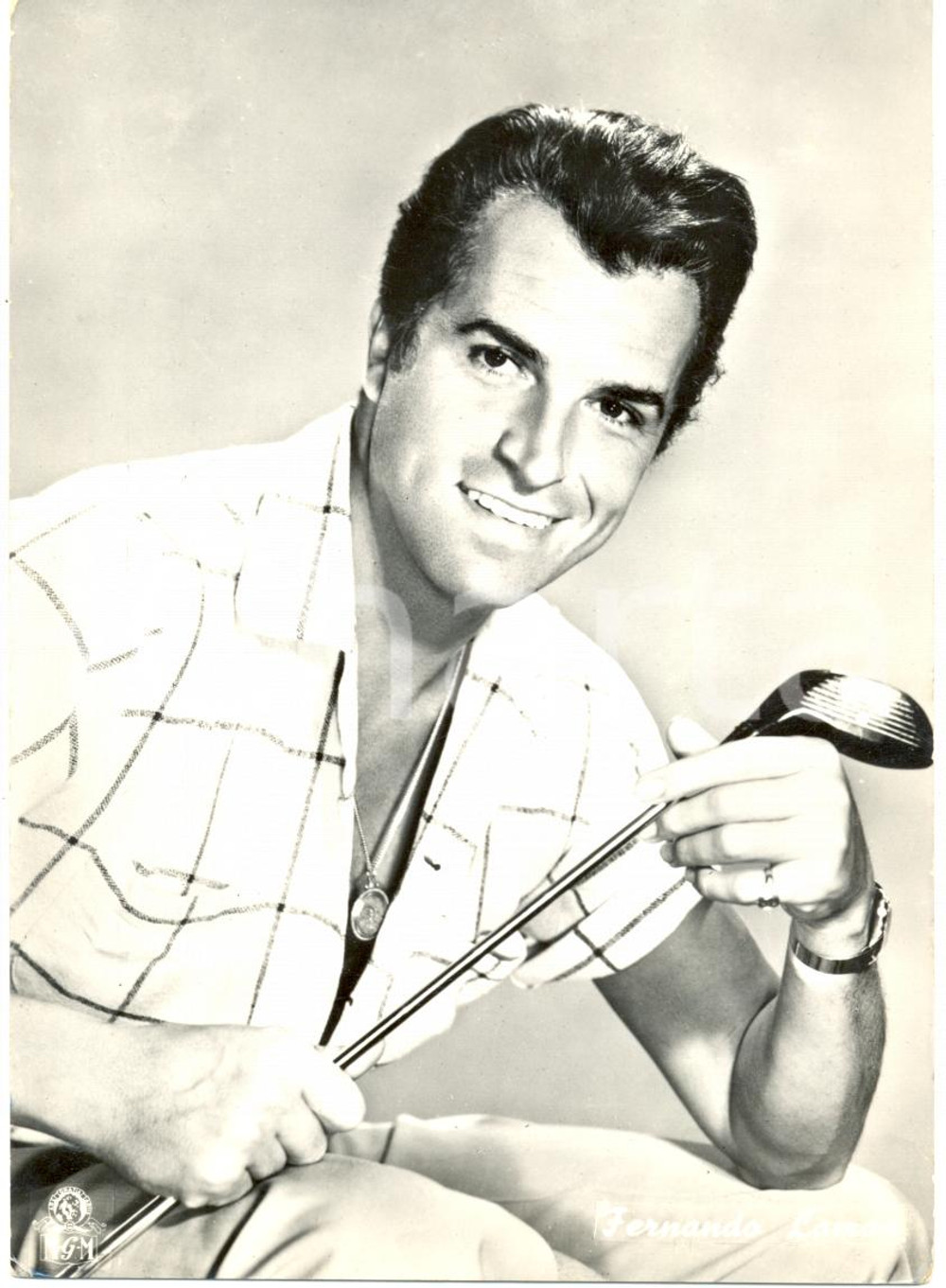 Cartolina originale da collezione 1955 ca CINEMA Fernando LAMAS con mazza da golf Ritratto *Cartolina FG NV 1