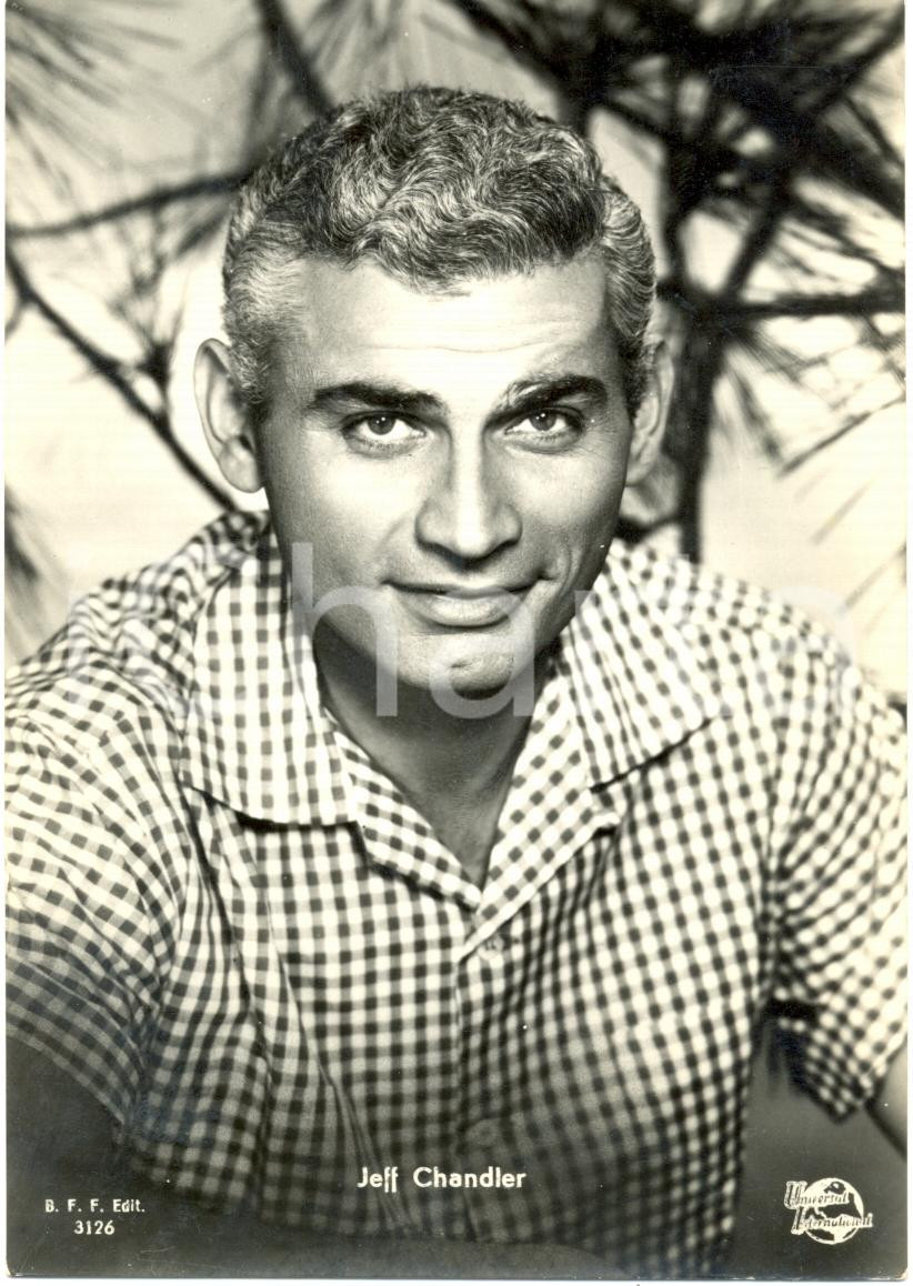 Cartolina originale da collezione 1955 ca CINEMA Jeff CHANDLER Attore Ritratto fotografico Cartolina UNIVERSAL 1