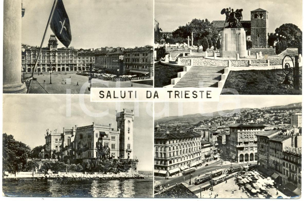 Cartolina originale da collezione 1954 TRIESTE Vedutine Castello MIRAMARE piazza UNITA  D ITALIA Cartolina FG VG 1