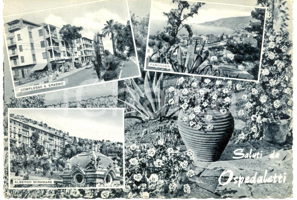 Cartolina originale da collezione 1955 circa OSPEDALETTI (IM) Vedutine Complesso SANT'ERASMO e MIRAMARE *FG NV 1