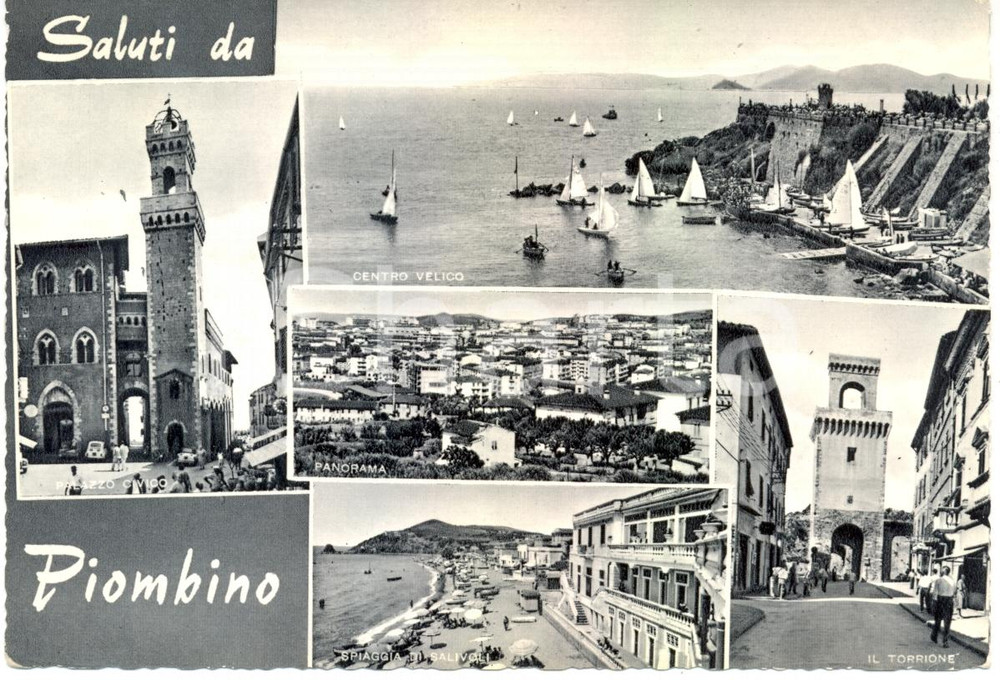 Cartolina originale da collezione 1964 PIOMBINO Vedutine TORRIONE Palazzo Civico spiaggia SALIVOLI Centro VELICO 1