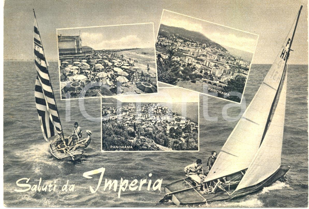 Cartolina originale da collezione 1960 IMPERIA Vedutine Panorama Spiaggia d'ORO e Barche a vela *Cartolina ANIMATA 1