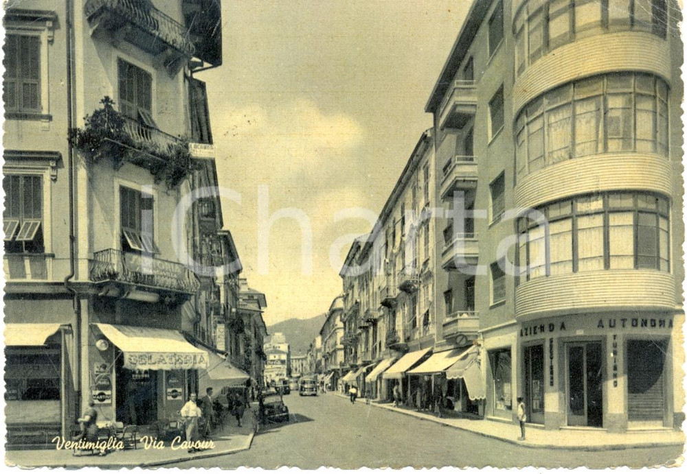 Cartolina originale da collezione 1953 VENTIMIGLIA IM Azienda TURISMO Gelateria Via CAVOUR FG VG ANIMATA 1