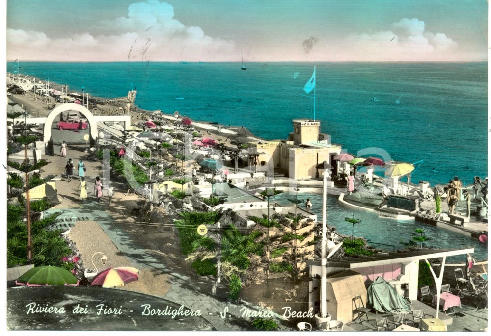 Cartolina originale da collezione 1958 BORDIGHERA IM La Spiaggia SAN MARCO Cartolina FG VG ANIMATA VINTAGE 1