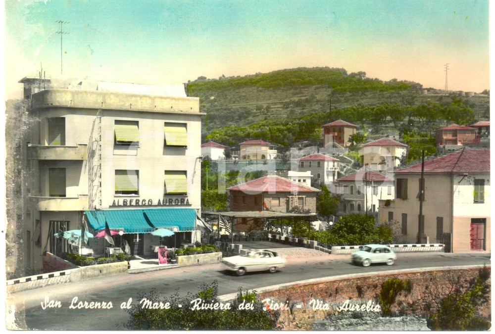 Cartolina originale da collezione 1957 SAN LORENZO AL MARE Albergo AURORA Automobili Via AURELIA FG VG VINTAGE 1
