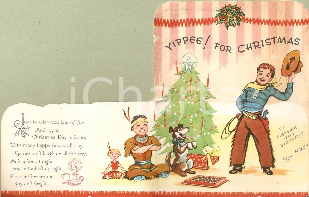 Oggetto da collezione cartaceo 1950 ca USA Merry Christmas from Little COWBOY and Little APACHE Illustrated 1