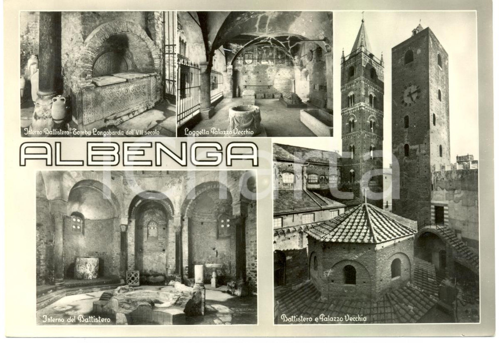 Cartolina originale da collezione 1955 ALBENGA Vedutine BATTISTERO Palazzo VECCHIO e Tomba LONGOBARDA *FG VG 1