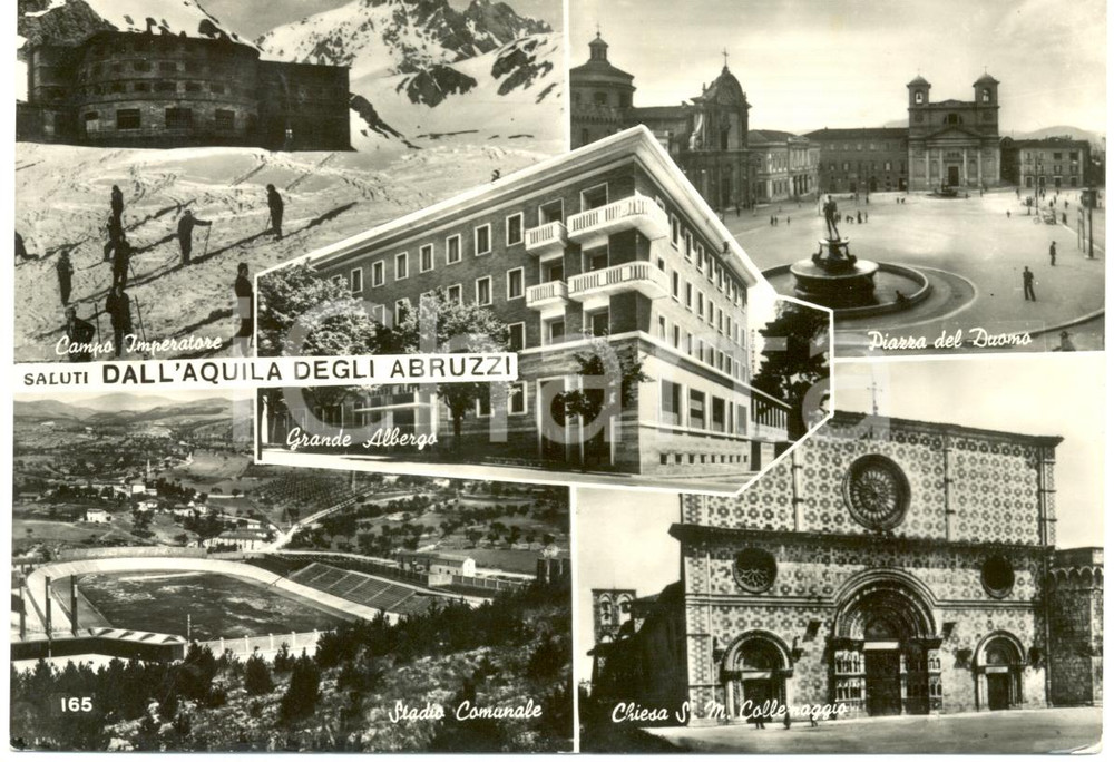 Cartolina originale da collezione 1954 L'AQUILA Vedutine DUOMO Santa Maria COLLEMAGGIO e STADIO *Cartolina FG VG 1