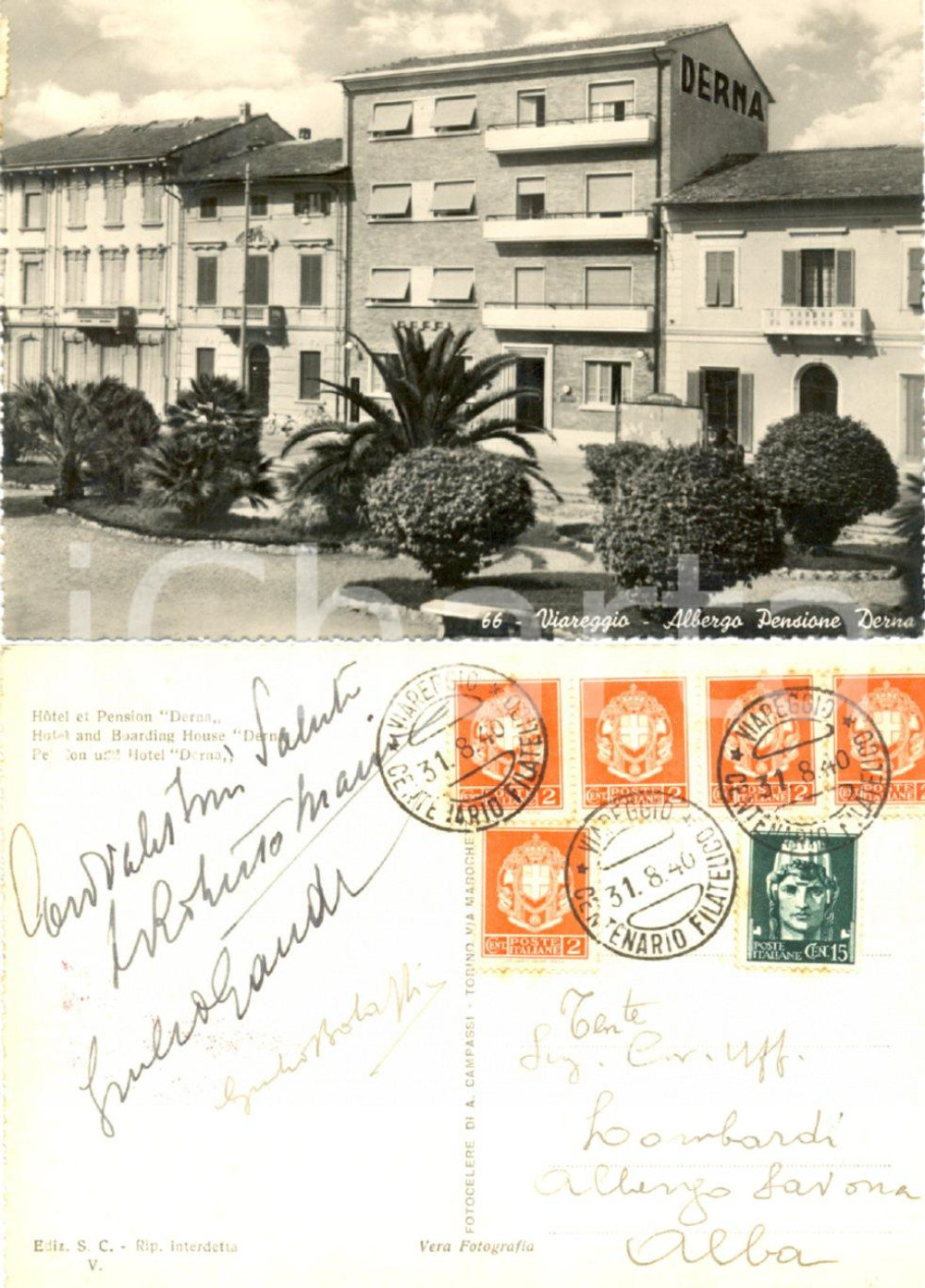Autografo originale 1940 VIAREGGIO Giulio BOLAFFI Pensione DERNA Centenario filatelico AUTOGRAFO 1