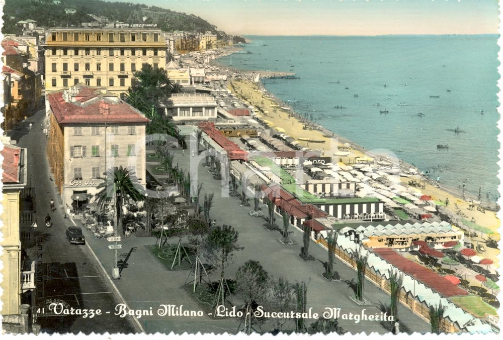 Cartolina originale da collezione 1954 VARAZZE SV I Bagni MILANO e il Bar ONDA al Lido Cartolina ANIMATA FG VG 1
