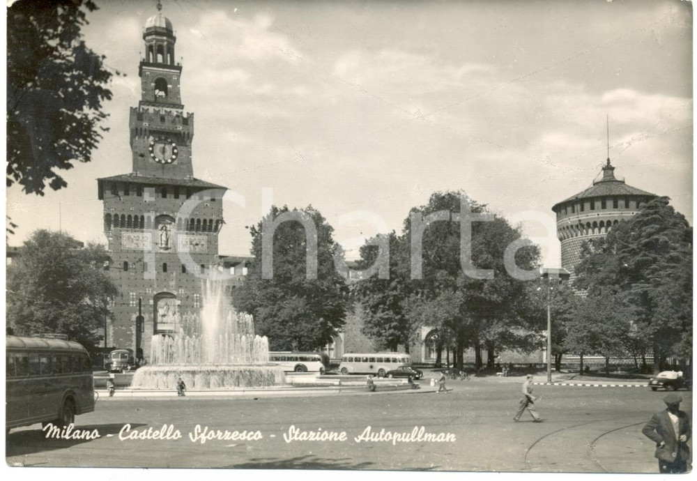 Cartolina originale da collezione 1953 MILANO Stazione Autopullman Piazza CASTELLO *Cartolina ANIMATA FG VG 1