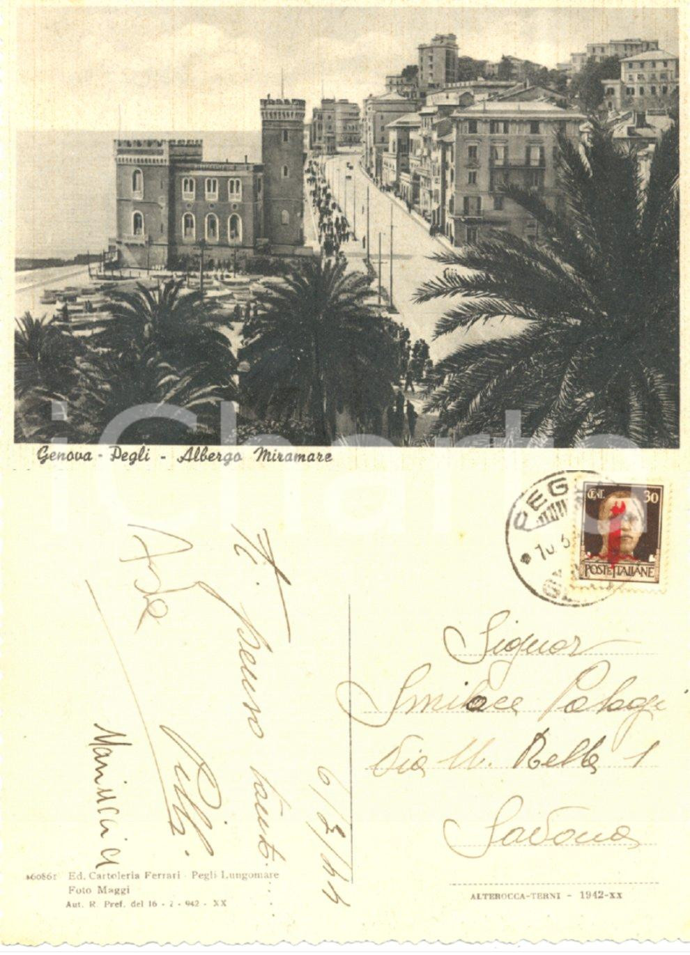Cartolina originale da collezione 1944 SOVRASTAMPA RSI GENOVA L Albergo MIRAMAREa Pegli Cartolina ANIMATA FG VG 1