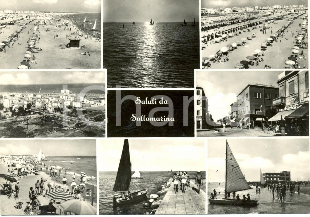 Cartolina originale da collezione 1955 CHIOGGIA (VE) Vedutine SOTTOMARINA Spiaggia Gelateria PRINCIPE *ANIMATA FG 1