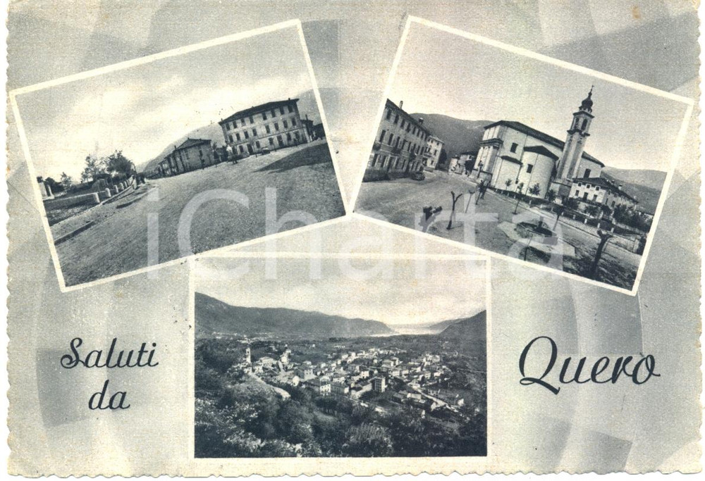 Cartolina originale da collezione 1953 QUERO (BL) Vedutine Panorama dall'alto e Parrocchiale *Cartolina FG VG 1