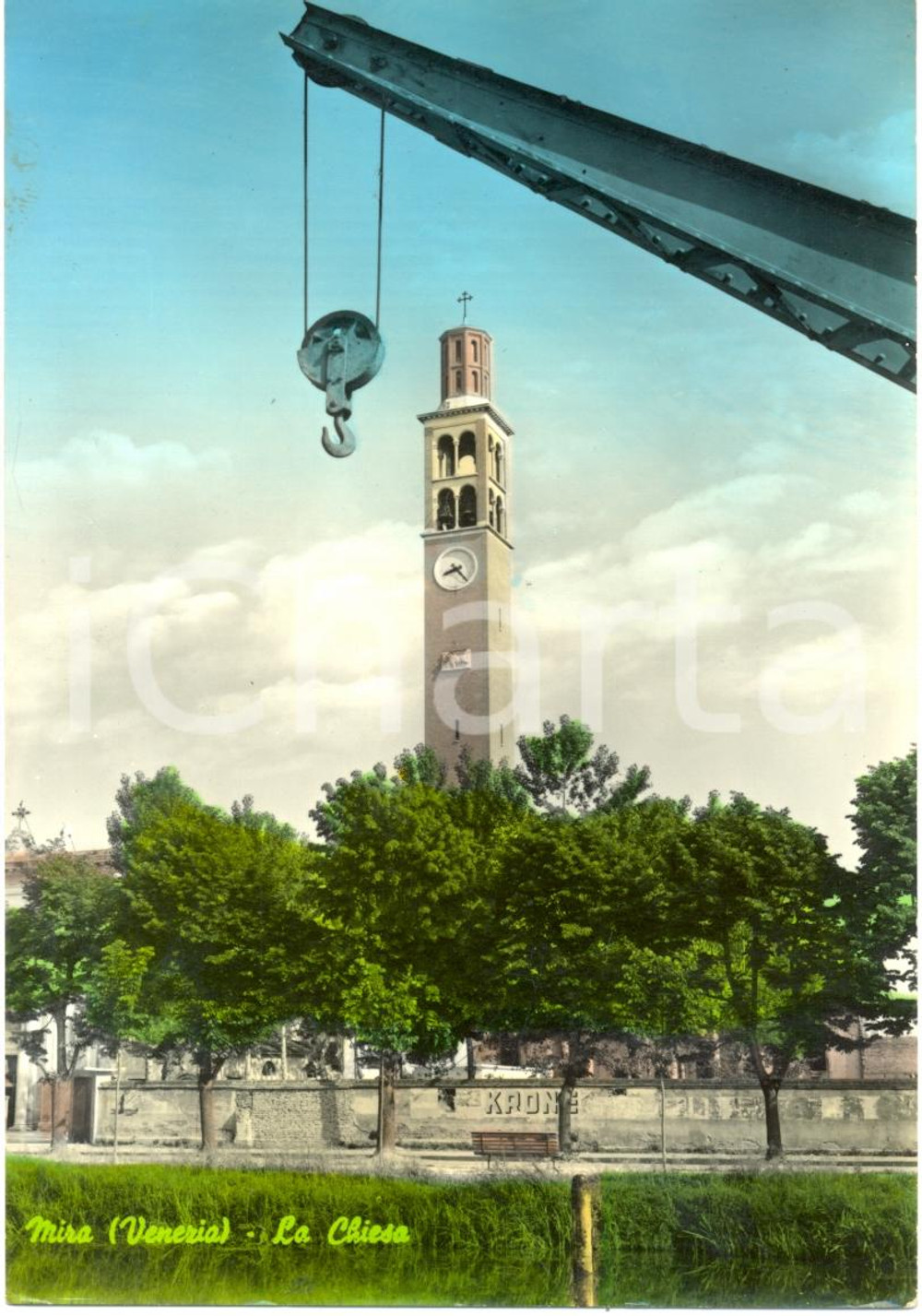 Cartolina originale da collezione 1965 ca MIRA VE Torre campanaria della CHIESA con argano Cartolina FG NV 1