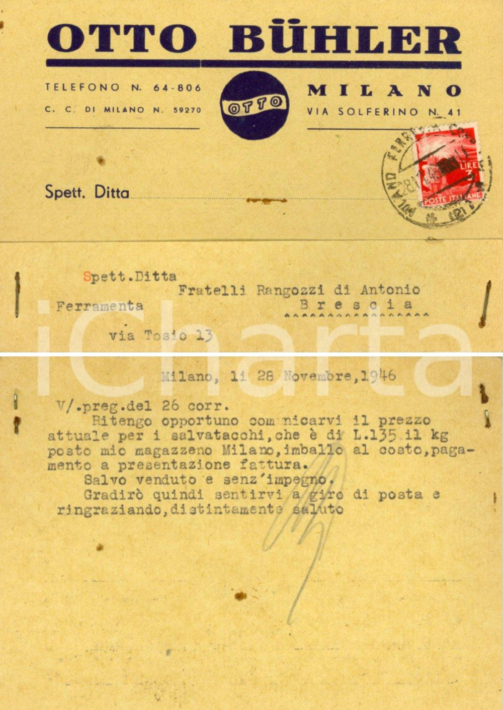 Cartolina originale da collezione 1946 MILANO Ditta OTTO BUHLER Fabbrica salvatacchi *Cartolina FG VG 1
