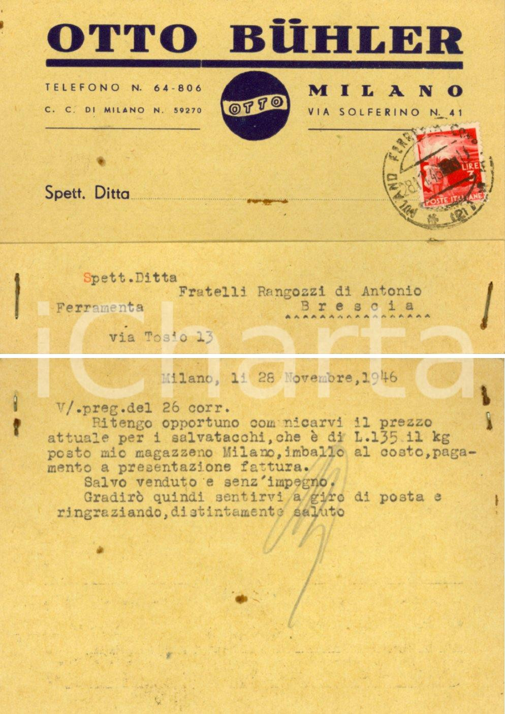 Cartolina originale da collezione 1946 MILANO Via Solferino 41 OTTO BUHLER Fabbrica salvatacchi Cartolina postale 1