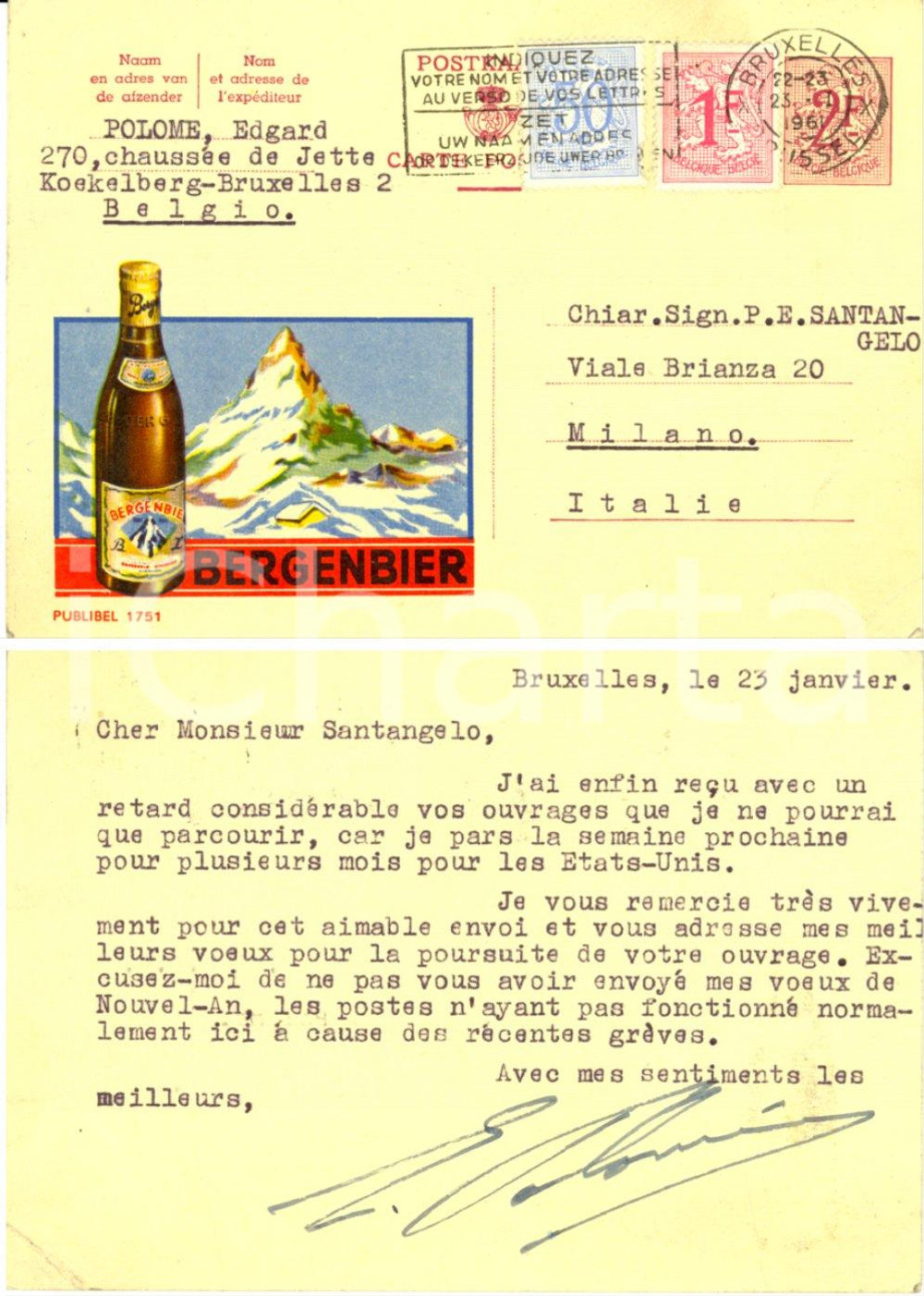 Cartolina originale da collezione 1961 BRUXELLES (BELGIO) Cartolina Edgard POLOME *Illustrata BERGENBIER FG VG 1