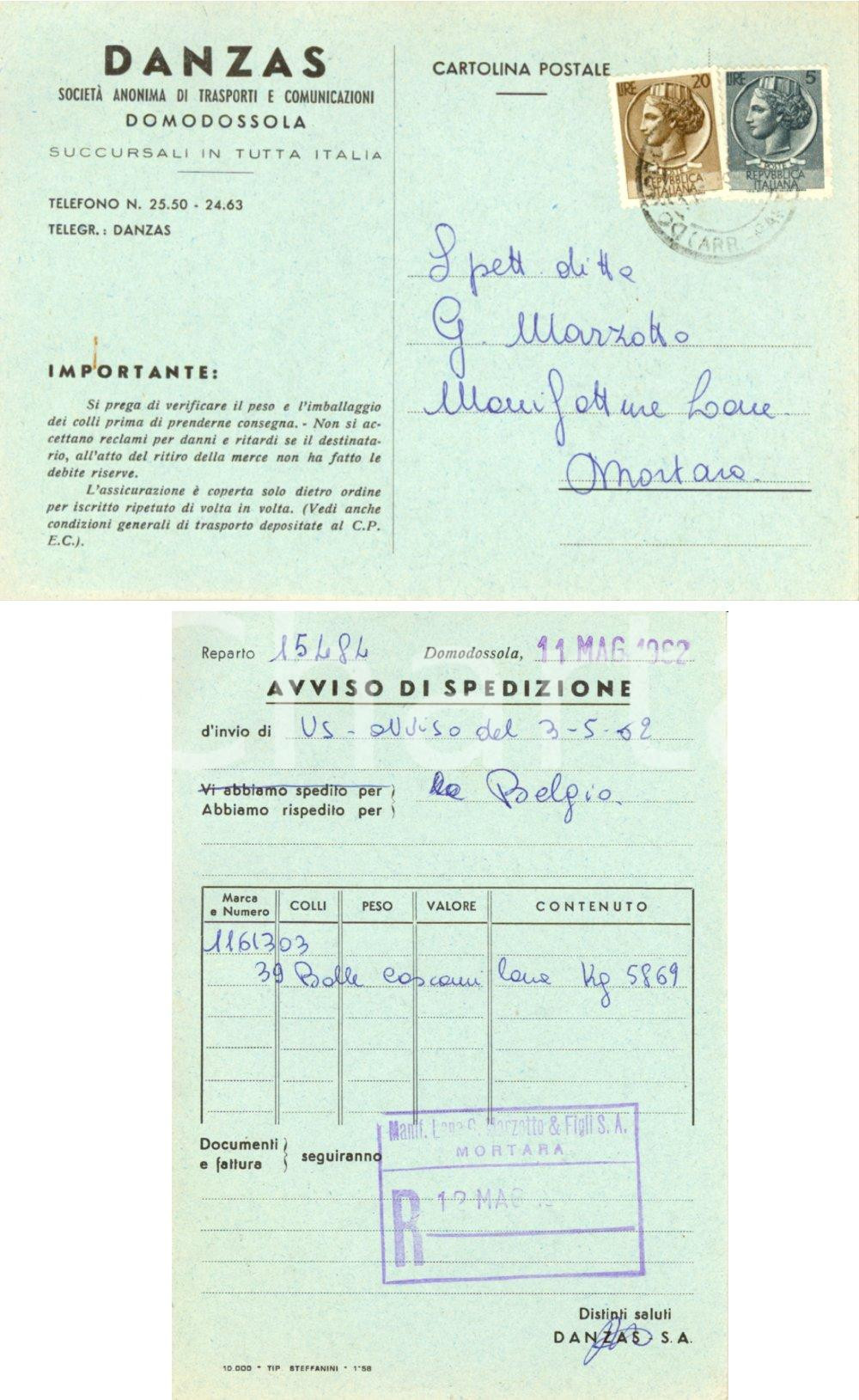 Cartolina originale da collezione 1962 DOMODOSSOLA (VB) SocietÃ  DANZAS avviso spedizione a Lane MARZOTTO Mortara 1