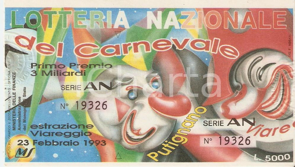Oggetto da collezione cartaceo 1993 VIAREGGIO Lotteria Nazionale del Carnevale Biglietto Serie AN *12 x 7 cm 1