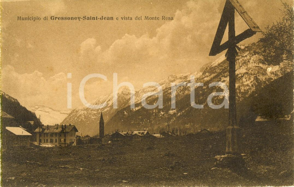 Cartolina originale da collezione 1918 GRESSONEY-SAINT JEAN (AO) Il municipio con il Monte ROSA sullo sfondo FP NV 1