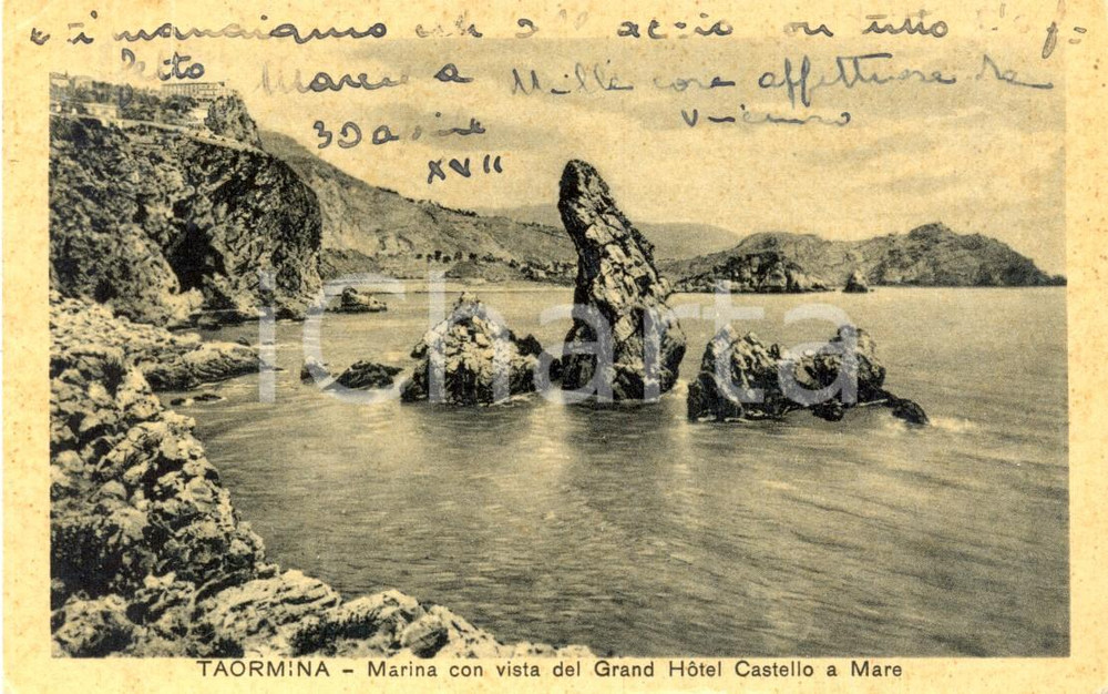 Cartolina originale da collezione 1939 TAORMINA Marina con vista del Grand Hotel 1