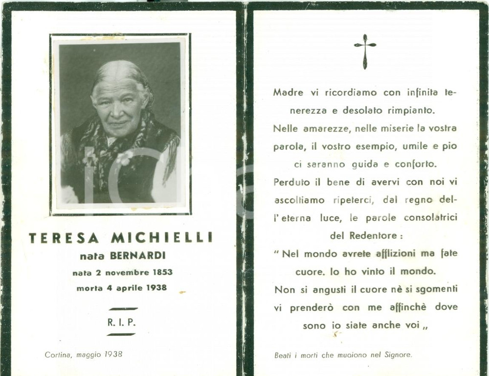 Oggetto da collezione cartaceo 1938 CORTINA D'AMPEZZO (BL) Teresa MICHIELLI nata BERNARDI *Santino con FOTO 1
