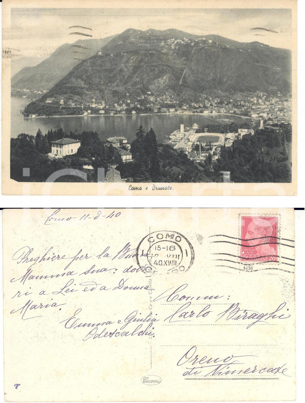 Autografo originale 1940 COMO Veduta con Brunate Autografo Giulia ed Emma ODESCALCHI FP VG 1