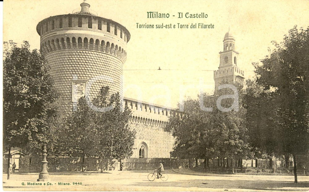 Cartolina originale da collezione 1920 ca MILANO Castello Sforzesco TORRIONE Sud-Est e Torre FILARETE *FP NV 1