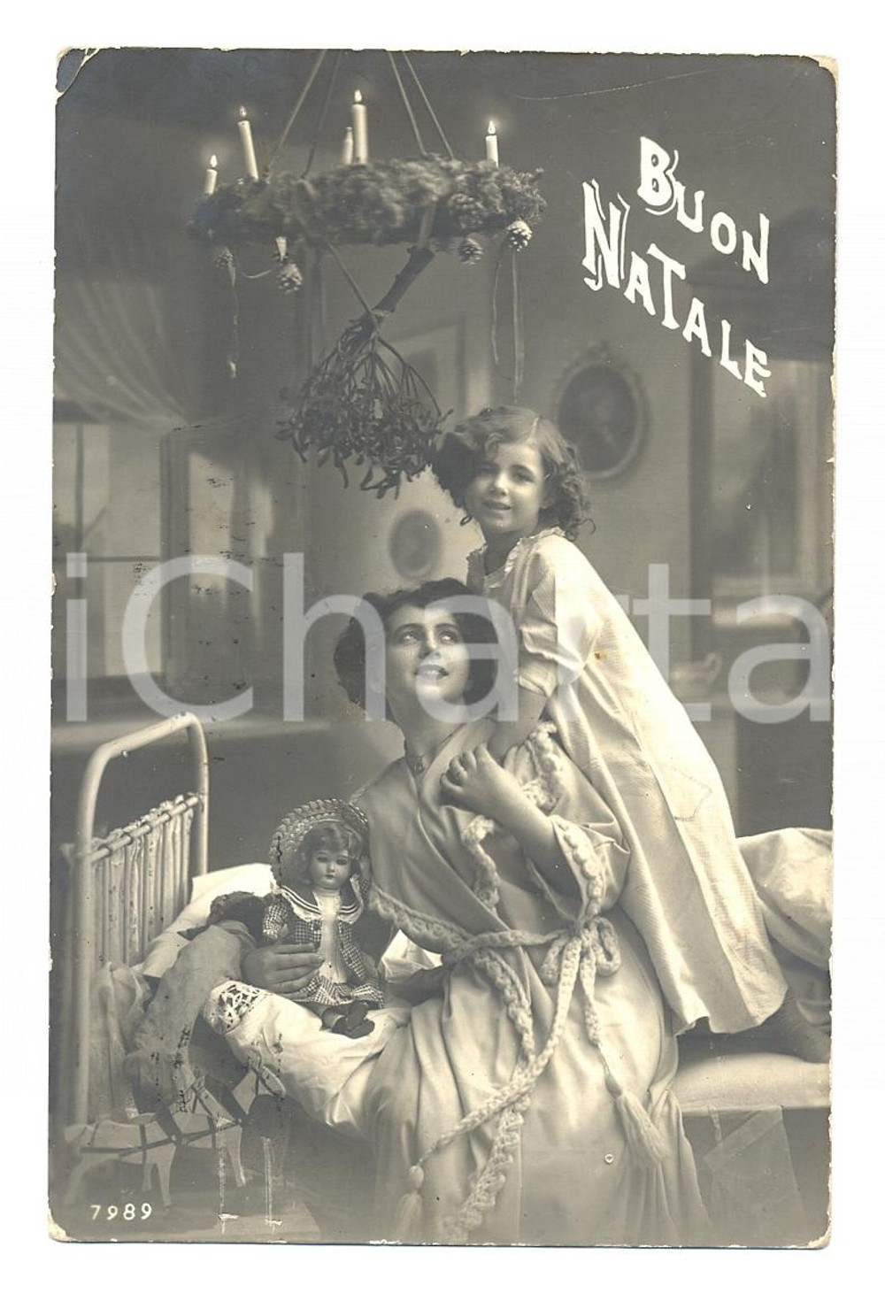 Cartolina originale da collezione 1916 COSTUMI Mamma con figlia e bambola Buon Natale *Cartolina ANIMATA FP VG 1