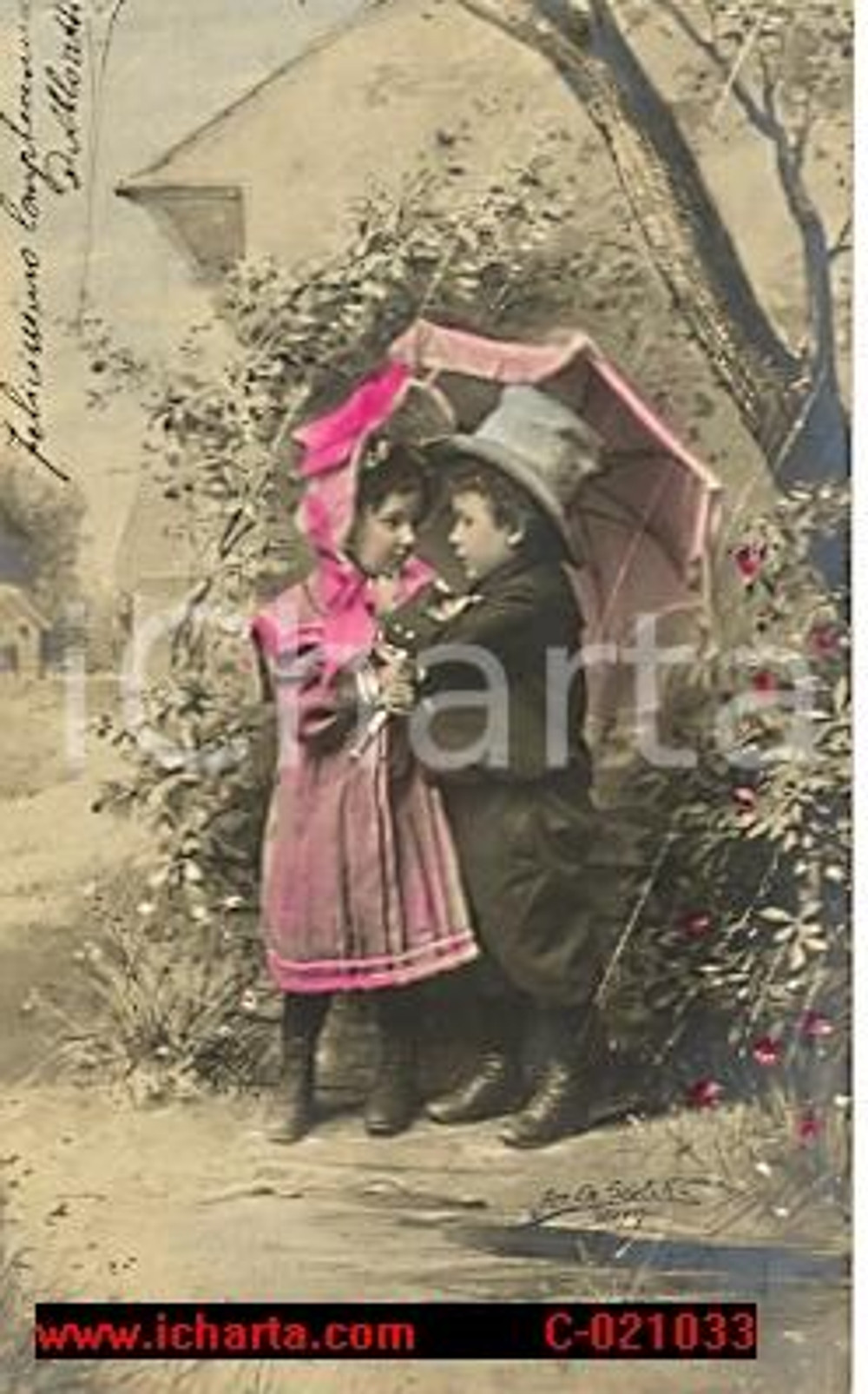 Cartolina originale da collezione 1900 ca Cartolina INNAMORATI Bambini sotto la pioggia Ill. Charles SCOLIK FP NV 1