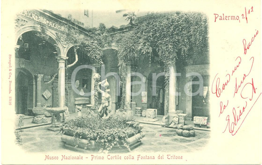 Cartolina originale da collezione 1900 ca PALERMO Museo Nazionale Primo cortile Fontana Tritone Cartolina FP VG 1