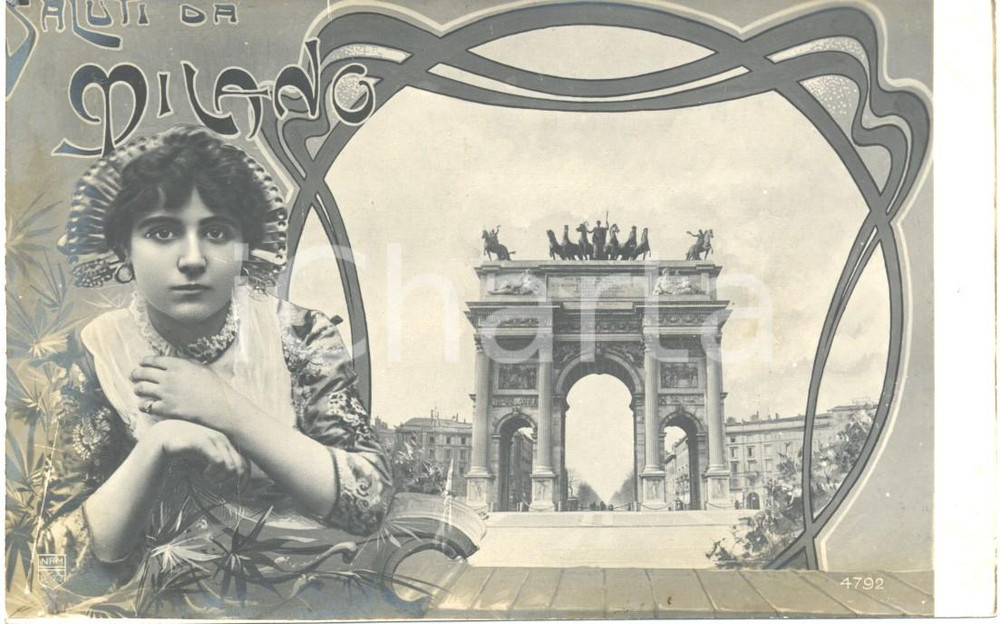 Cartolina originale da collezione 1900 MILANO Arco della Pace e contadina lombarda BELLA 1