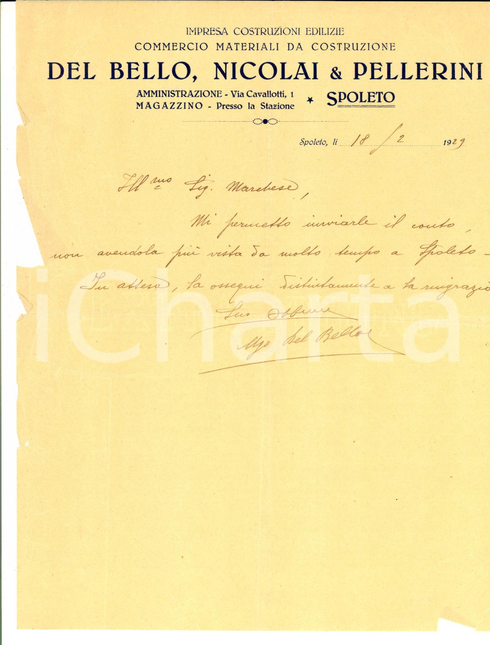 Documento originale, autentico 1929 SPOLETO Impresa edile DEL BELLO, NICOLAI& PELLERINI Lettera intestata 1