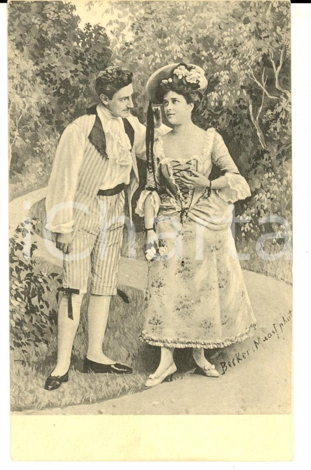 Cartolina originale da collezione 1900 ca COSTUMI Discussione tra innamorati in giardino *Cartolina FP NV 1