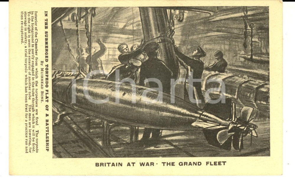 Cartolina originale da collezione 1915 ca WW1 BRITAIN AT WAR - In the Submerged Torpedo flat of a battleship 1