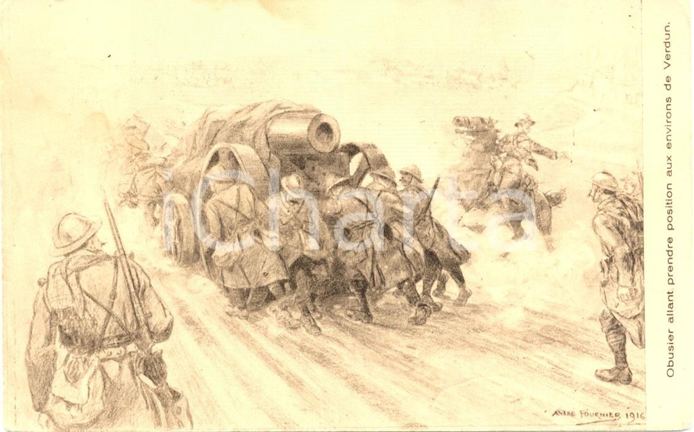 Cartolina originale da collezione 1916 WW1 Verdun OBUSIER obice - Illustr. AndrÃ© Fournier 1
